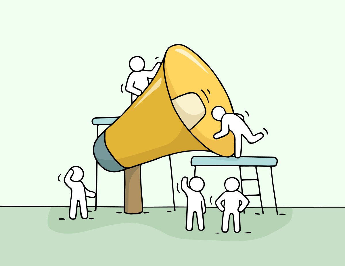 arts news. A cartoon of a giant bullhorn surrounded by, being used and listened to by small cartoon people.