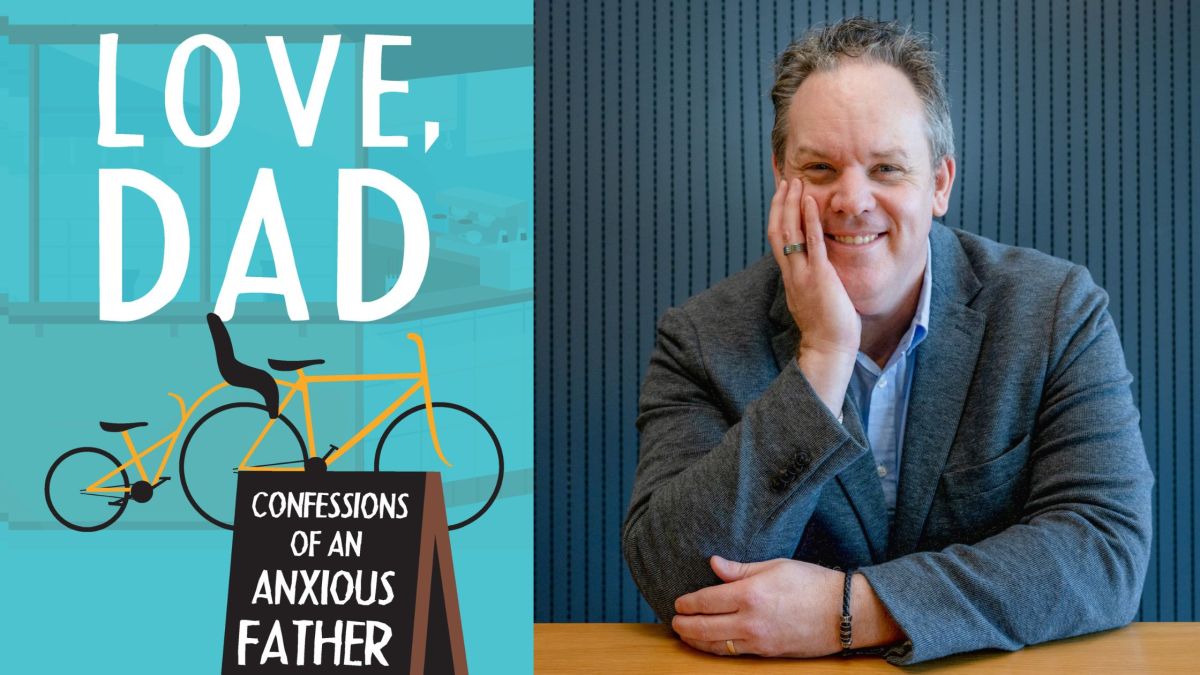 Cover image of Love, Dad: Confessions of an anxious father (left), Image of white male (author Laurie Steed) in business casual leaning on his hand