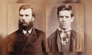 Sepia-toned photos of two men taken in the late 1800s. On the left is Captain Moonlite: his hair is slicked back, he sports a full beard, and he has piercing eyes. On the right is James Nesbitt: considerably younger than Moonlite, he stares directly at the camera with a somewhat sad expression. He has large ears and a dimpled chin; his clothes are also plainer than Moonlite's suggestive of his working class origins.