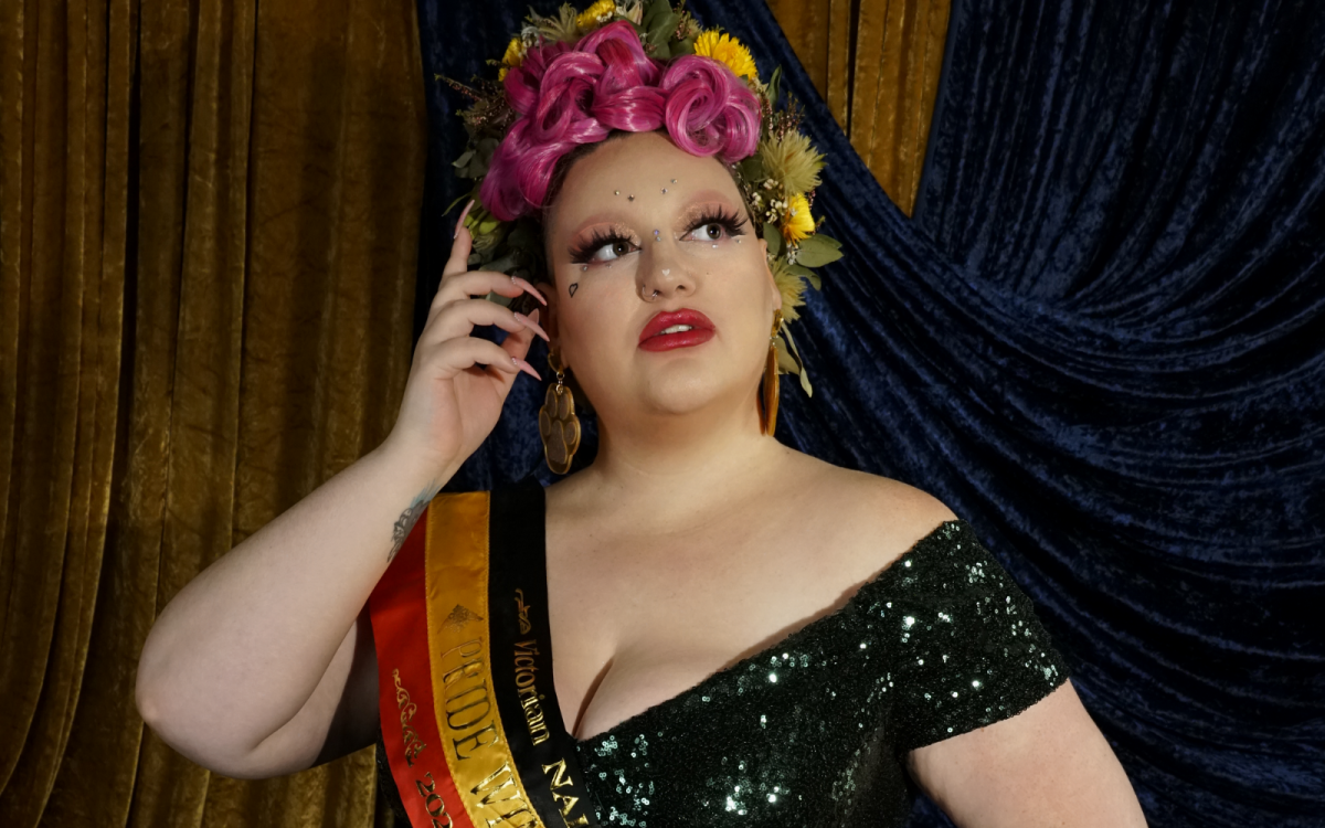 Referendum. Image shows woman in low cut black sparkly dress, with headdress and sash in colours of the Aboriginal flag.