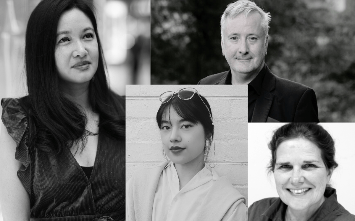 Writing workshops. Image is black and white headshots of four people, a woman with long dark hair and a sleeveless black dress, a man with grey hair and dark jacket, a woman with tied back hair, glasses on her head and a white jacket, and a middle aged woman with hair tied back and grinning