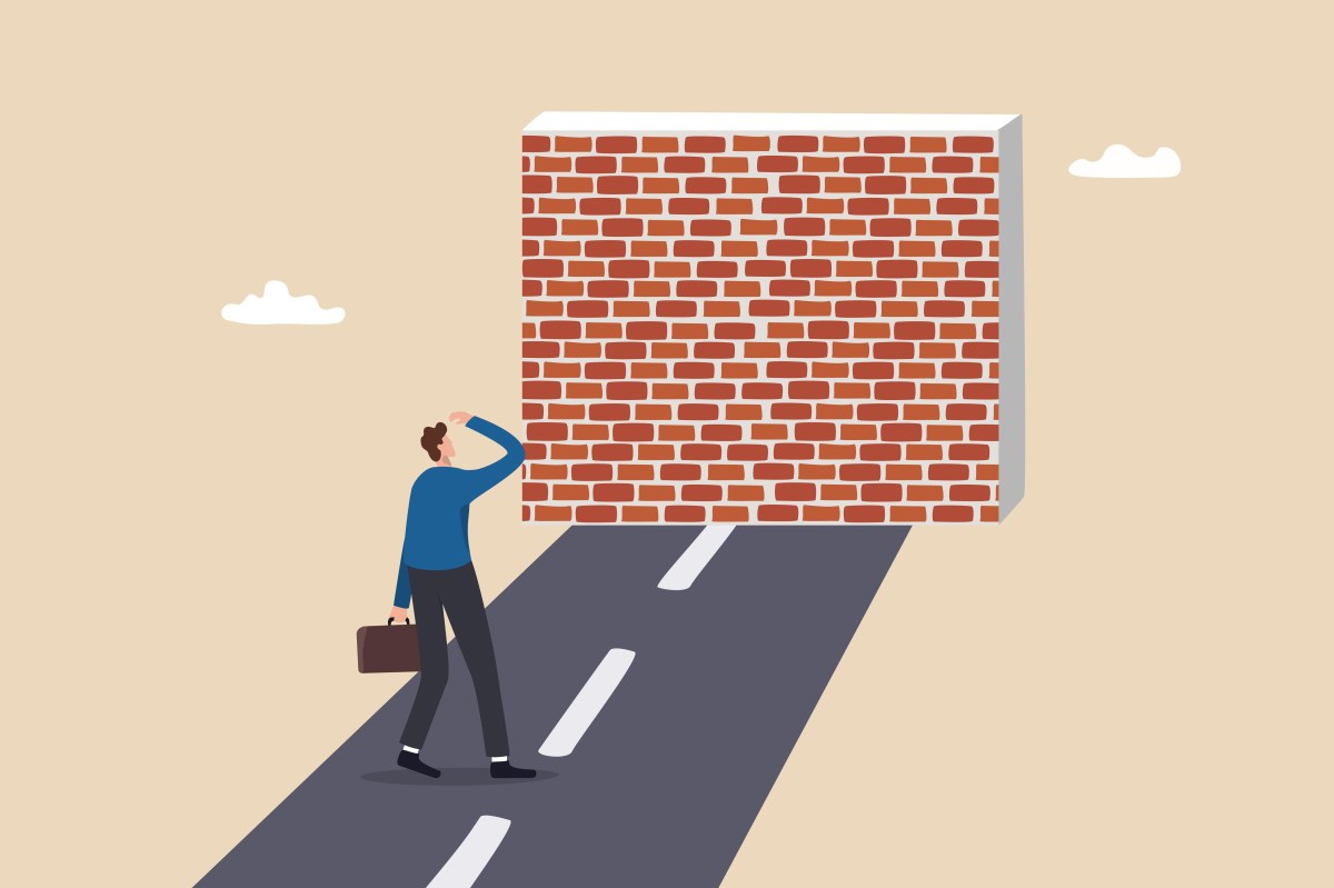 graphic image of a man holding a briefcase and scratching his head on a road which is blocked by a brick wall