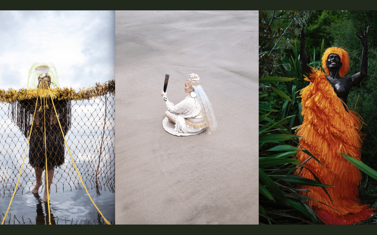 Asia Topa. Image is triptych; on the left is a person walking on water, draped in fishing net and with long yellow ropes coming from their head; in the middle is a woman all in white, with a white headdress and long white hair down her back, sitting on grey sand holding up a black cudgel shaped object; on the right is a woman in a green lush jungle wearing a flamboyant orange fringed costume and headdress.