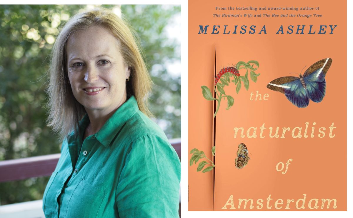 The Naturalist of Amsterdam. Image is a side on above the bust author's shot of a woman in a green shirt with light red shoulder length hair. smiling, and on the right an orange book cover featuring a sparse tree, two butterflies and a caterpillar.