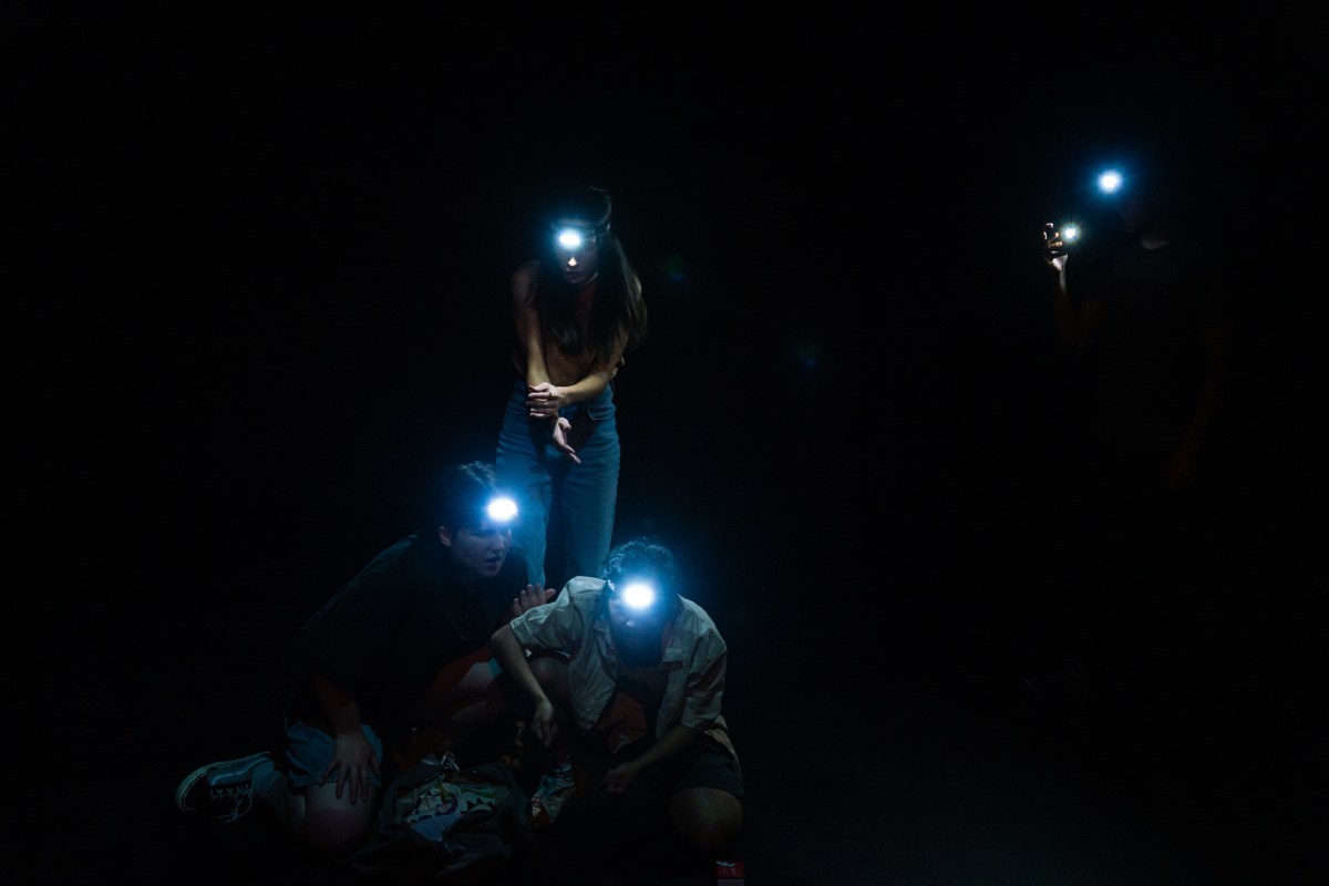 Democracy Repair Services. Image is of four actors on a black stage that can barely be seen, but each has a head torch