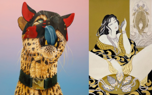 Work by David Lee Pereira, 'Puppy play', 2023 (left) and Thao Tran, 'Serving Opulence', 2022-23 (right). Image: Supplied, courtesy of the artists. On the left is a painting of a cheetah wearing a bdsm mask licking its nose against a pink faded to blue background. On the left is the painting of a woman with long black hair lounging and holding a plate of oysters between her legs.
