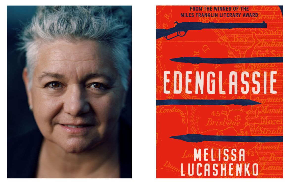 Edenglassie. Picture on left is a headshot of a smiling middle aged woman with short grey hair brushed back. On the right is an orange book cover decorated by vintage rifles and spears.