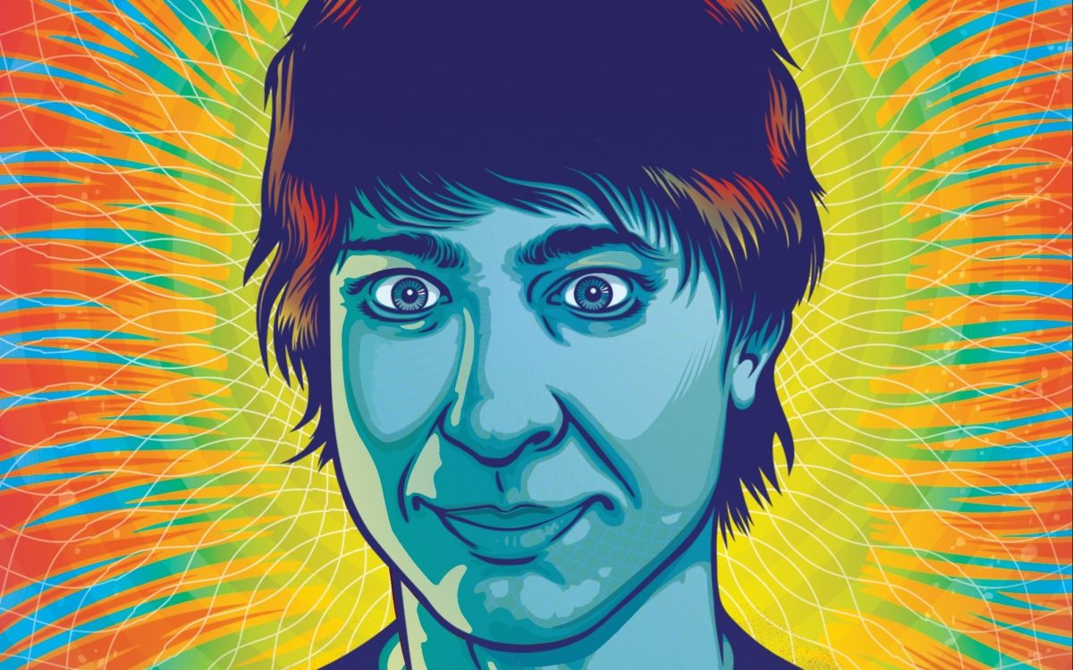 Arj Barker. Image is an illustration of a male with a blue face and red tinged hair. There is a multicoloured glow emanating from his head.