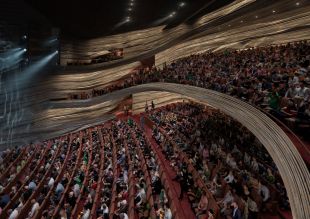 Riverside Theatres. Image is a computer generated render of the seating in the stalls and circle of a large theatre space.