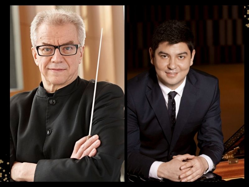 Heroic. Adelaide Symphony Orchestra. On the left is a shot chest up of a middle aged white man with grey hair wearing dark rimmed glasses, folding his arms and holding a conductor's baton. On the right is a younger dark haired man wearing a dark suit and tie over a white shirt, smiling at the camera and holding his hands in front of him.