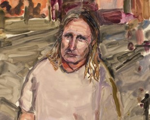 Painting of man with long hair and t-shirt in big brushstrokes by Laura Jones.