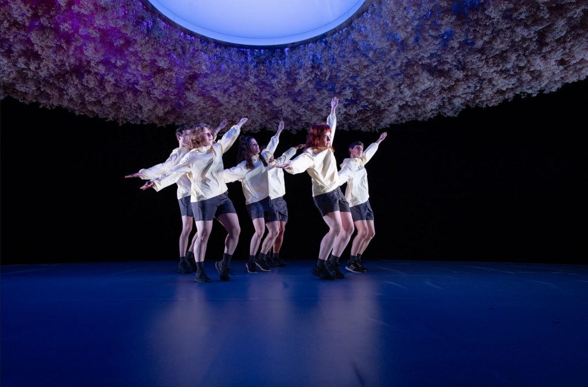 Group of dancers on stage wearing white shirts and purple lighting. Creative Australia.