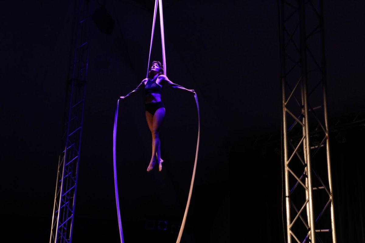 A female acrobat hanging from silk ropes at height in front of stage curtains.