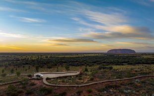 Experience ‘Sunrise Journeys’ at Ayers Rock Resort, Uluṟu. Photo: Supplied. First break of dawn with Uluṟu in the background among the desert environment.