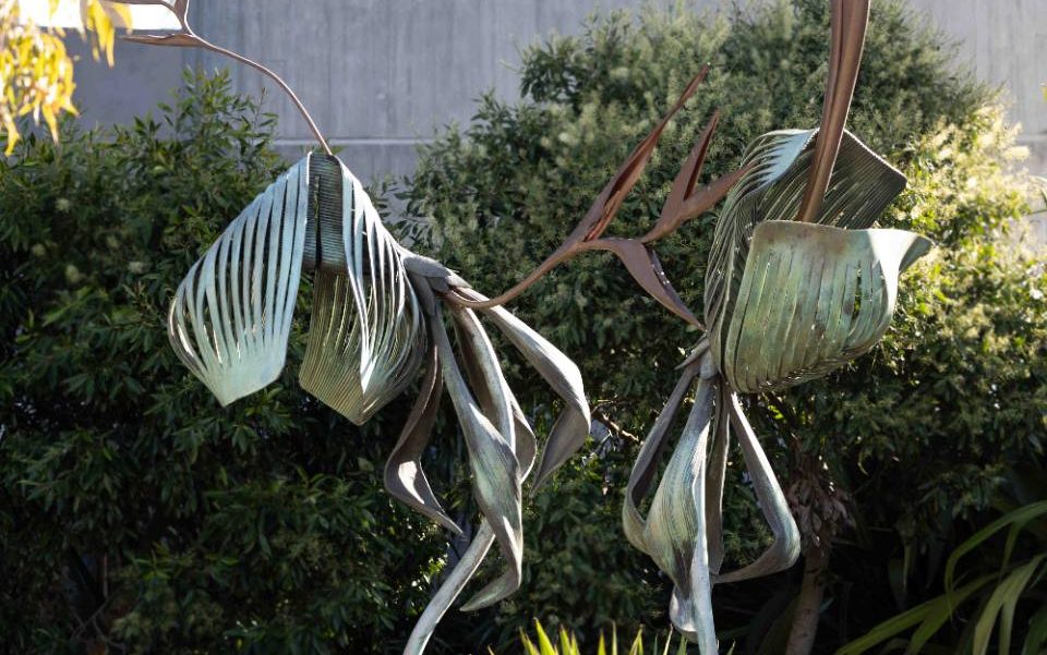 Andrew Rogers, ‘Flora Exemplar 2’, 2020, bronze diptych. Photo: Courtesy of the artist. Bronze sculpture resembling flowers in a natural setting.