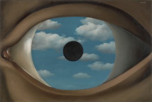 Painting of an eye and the iris is a sky with clouds. Magritte.