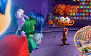 Inside Out 2. Image: Disney. Anxiety greets core emotions, Joy, Anger, Fear, Disgust and Sadness in headquarters.