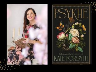 Psykhe. Author shot on left is of a middle aged Caucasian woman with long dark hair sitting with an open book and two candles behind her. She has a patterned black dress on and is smiling broadly. Close to the camera, obscuring the sitter, and out of focus is some white flora of some kind. On the right is a black book cover with flowers in the middle.