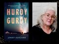 Hurdy Gurdy. On the left is a book cover of a circus tent in the distance at night. On the right is an author shot of a middle aged Caucasian women with shoulder length white hair, black jumper and glasses.