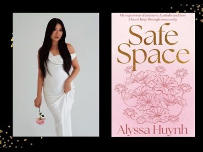 Two panels. The left shows a photo of an Asian woman with long black hair, wearing a white dress and carrying a pink rose. The right panel shows the book cover of 'Safe' Space, which is pink.