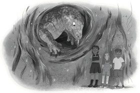yarn quest. Image is a grey scale illustration of a large reptilian looking creature coming out of a hole and encountering three young childnen.