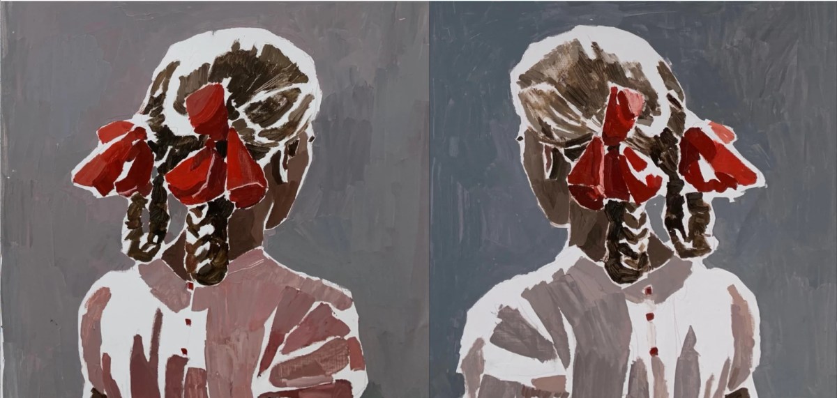 two identical paintings of a girl with hair plaits and red box. Clara Adolphs.