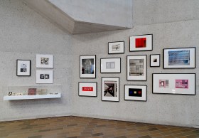Group of prints in gallery with strong architectural elements. Anni and Josef Albers.