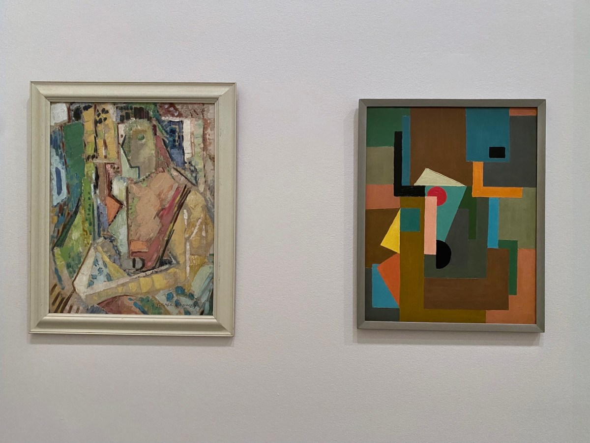 Two abstract paintings in gallery setting - one a portrait and the other geometric. Crowley Balson.