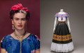L: Frida Kahlo in blue satin blouse, 1939. Photo: Nickolas Muray © Nickolas Muray Photo Archives. R: Cotton blouse embroidered with glass beads; satin skirt with chain stitch and floral motif embroidery; holán (ruffle) and guatemalan waist-sash. Photo: © Museo Frida Kahlo, Casa Azul Collection, Javier Hinojosa, 2017. Portrait of Frida Kahlo and a dress worn by her.
