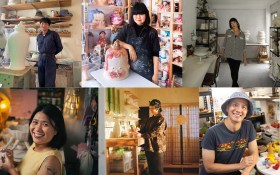 Six Asian artists stand or sit next to the products of their ceramic practice.