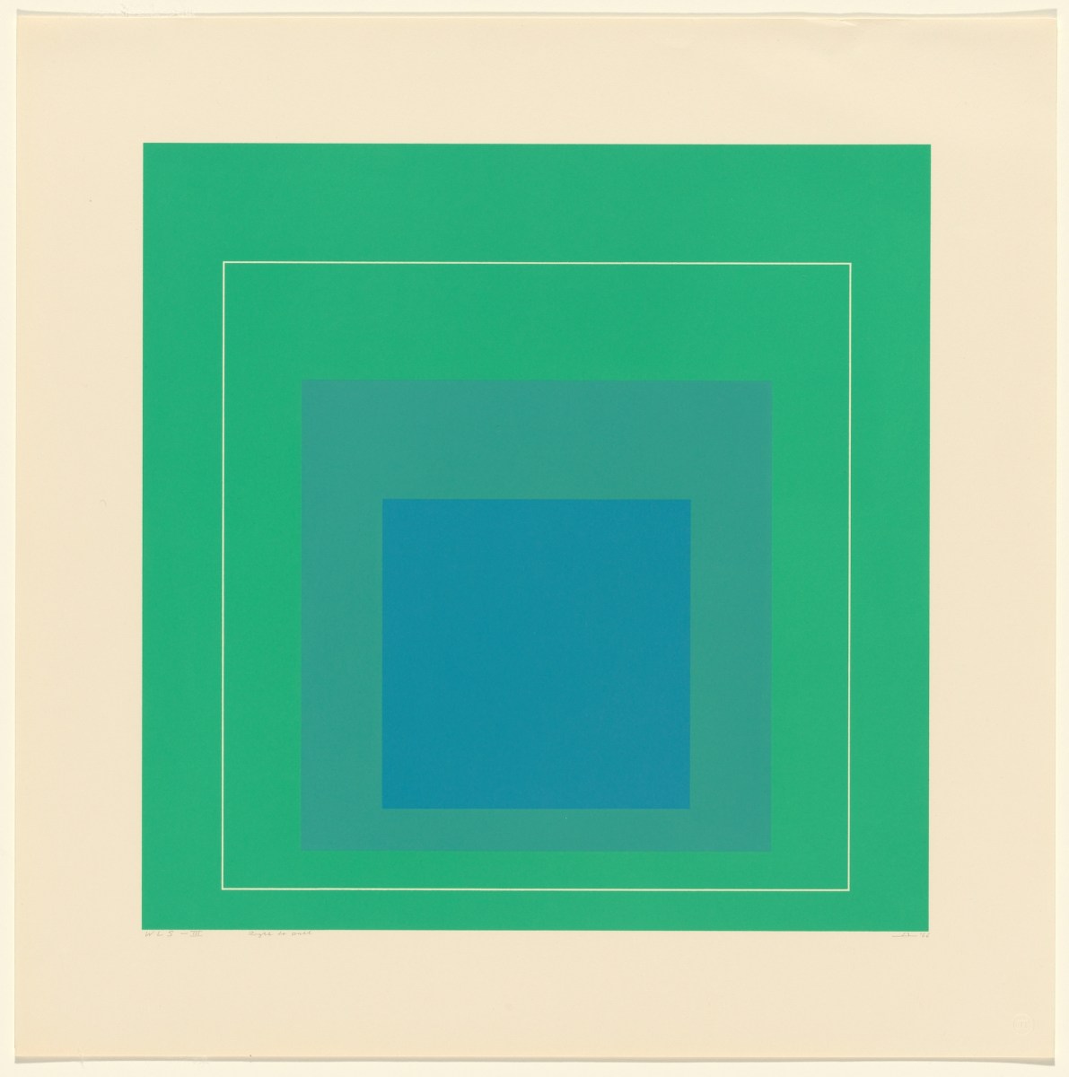 Green and blue print of repeated squares. Josef Albers.