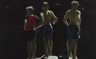 A painting of three young boys with their backs to us. The first one has a red and blue T-shirt and blue shorts. The other two are bare chested with dark-coloured shorts.