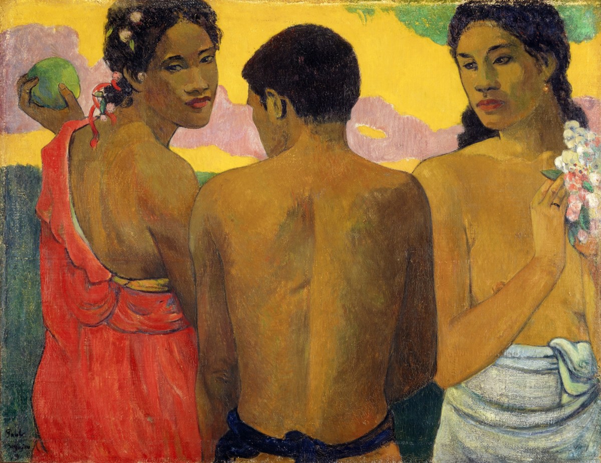 Painting of two Island women and one man in colourful settihng. Gauguin.