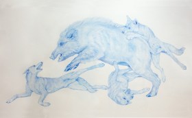 Image is a blue pencil drawing on paper of three dogs fighting a boar.