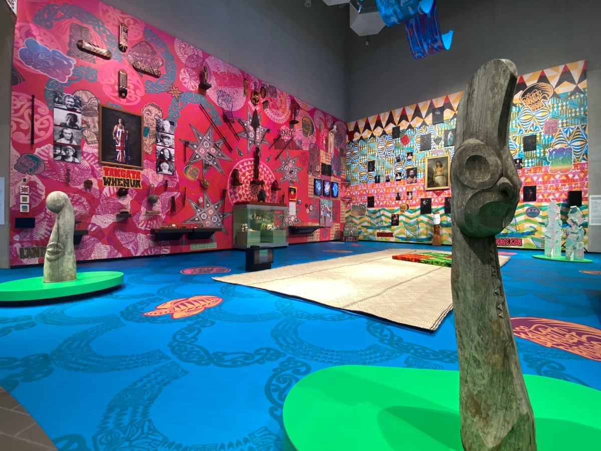 Colour installation with Pacific Island objects in gallery setting. NGA