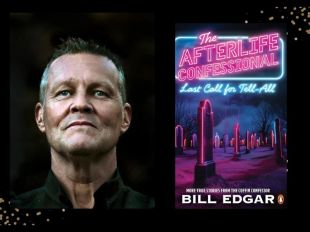 Two panels. On the left is a headshot of a man. He's tanned with short cropped grey hair and wearing a black top. On the right is the cover of a book with 'The Afterlife Confessor' in neon pink and 'Last call for tell all' in neon blue. There is a picture of tombstones in a graveyard in pink and blue shades.
