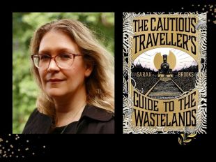 Two panels. On the left is a blonde woman with glasses and a black top. On the right is a cover of a book with 'The Cautious Traveller's Guide to the Wastelands' written in black. The cover is black and tan with a picture of an incoming train.