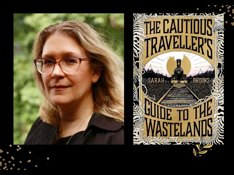 Two panels. On the left is a blonde woman with glasses and a black top. On the right is a cover of a book with 'The Cautious Traveller's Guide to the Wastelands' written in black. The cover is black and tan with a picture of an incoming train.