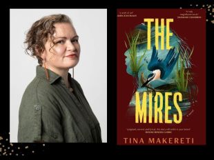 Two panels. On left is a profile photo of a woman with wavy hair tied up. She has a khaki shirt on. On right is book cover with "The Mire" in yellow overlaying image of a bird flying over a swamp.