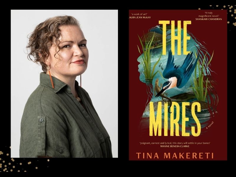 Two panels. On left is a profile photo of a woman with wavy hair tied up. She has a khaki shirt on. On right is book cover with "The Mire" in yellow overlaying image of a bird flying over a swamp.