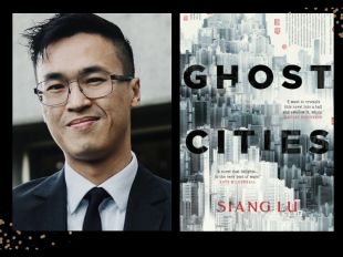 Two panels. On left is smiling headshot of Asian man wearing glasses and a suit and tie. On the right is cover of a book cover full of high rise buildings with 'Ghost Cities" in black.