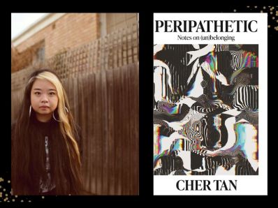 Two panels. On left is a photo of an Asian woman with a blonde streak in her black hair. She is in dark clothing near a fence. On the right is the cover of the book with 'Peripathetic' in black font. The image is a distorted test pattern.