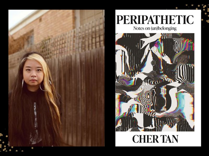 Two panels. On left is a photo of an Asian woman with a blonde streak in her black hair. She is in dark clothing near a fence. On the right is the cover of the book with 'Peripathetic' in black font. The image is a distorted test pattern.