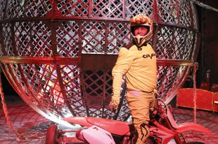 A man in motorcycle gear and a helmet is standing outside a large caged dome.