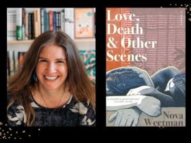 Two panels. On the left is a brunette woman with long hair. She is smiling and standing in front of a bookcase. On the right is the cover of a book that says 'Love, Death & Other Scenes' in white font, will and illustration of a couple lying on a bed. You can only see the top of their heads and their arms.