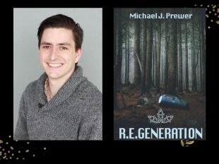 Two panels. On left is of a man with dark hair wearing a grey jumper. He is smilling. On the right is cover of a book with the words 'R.E.Generation' set against a forest background.