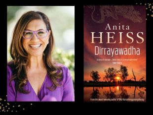 Two panels. On the left is a smiling woman with brown hair, lavender coloured glasses and a lavender top. On the right is the title and author of the book in white font ('Dirrayawadha' and Anita Heiss) over a sunset treescape.