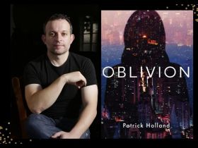 Two panels. On the left is a photo of a man with dark hair wearing a black t-shirt. On the right is the cover of a book with 'Oblivion' in white. There's a picture of a silhouette woman overlaid with views of a city.