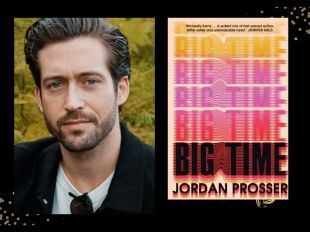 Two panels. On the left is a headshot of a brunette man with a light beard, black top, white shirt and tie. On the right is a book cover with 'Big Time' written repetitively in different colours.