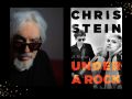 Two panels. On the left is a photo of a man with white hair and a beard and glasses. On the right is a book cover with 'Chris Stein' written in black, 'Under a Rock' in red. The text overlays a photo of a young man with glasses wearing black and a blonde woman next to him.